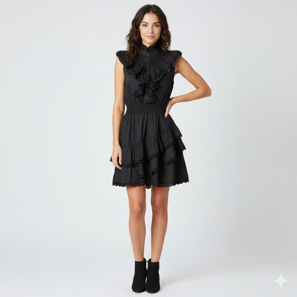 The Shirt by Rochelle Behrens Jill Mini Dress in Black Ruffle Lace Tiered Small